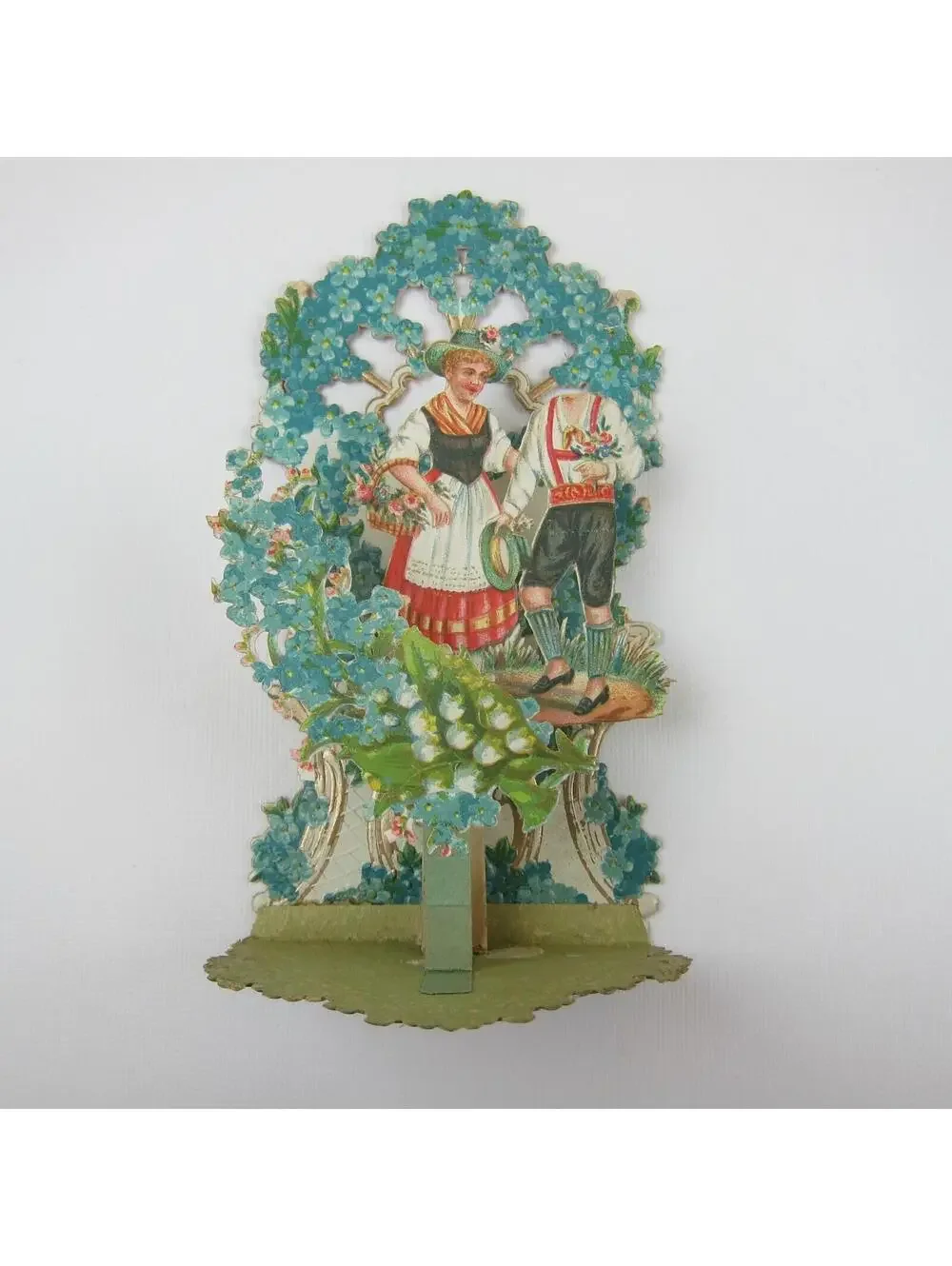 Vintage Valentine 3D Pop Up Die Cut German Girl Red Boy Lederhosen Blue Flowers